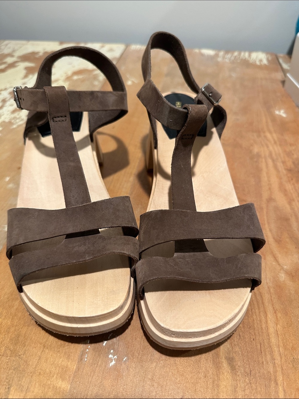 Swedish Hasbeens Brown Suede T-Strap Wedge Sandals